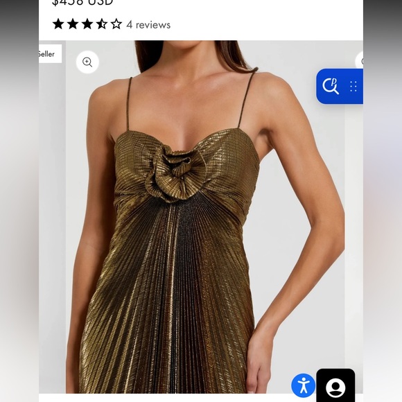 Mac Duggal Gold Metallic Pleated Gown with 3D Flower - Picture 3 of 4